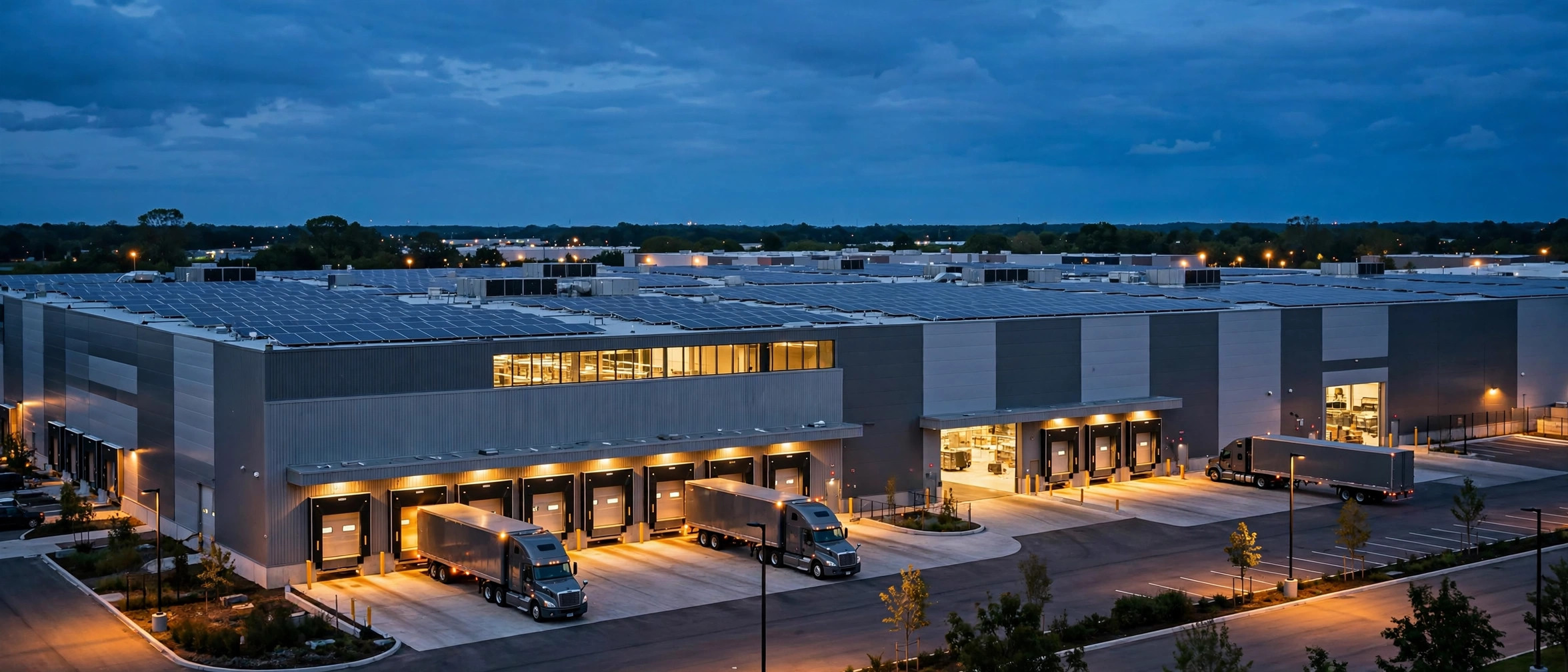 Commercial warehouse with rooftop solar panels at dusk