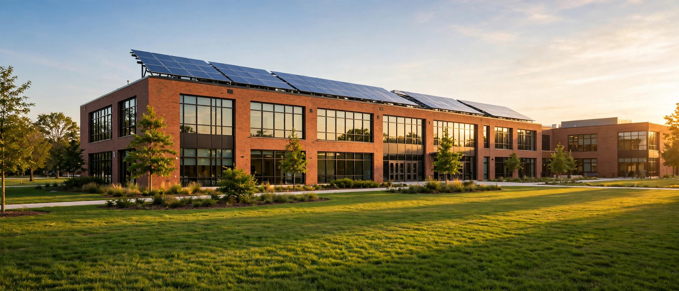 School campus with rooftop solar panels